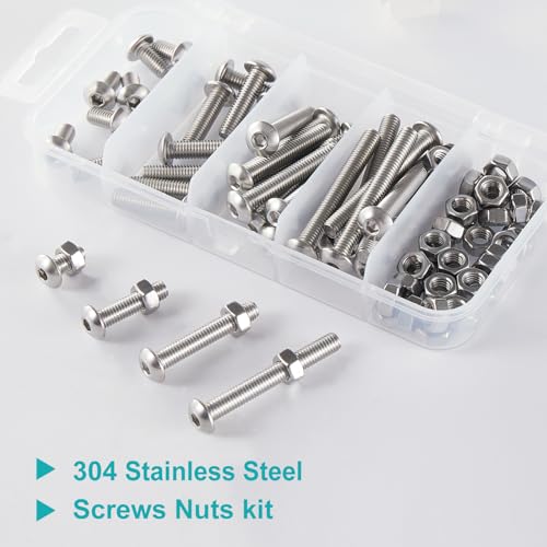 M5 x 10mm 20mm 30mm 40mm Button Head Socket Cap Screws Bolts and Nuts, Stainless Steel 304, Bright Finish, Metric Allen Hex Drive, Fully Thread, Assortment Kit 80PCS - size: Button M5x10-40mm+Nuts