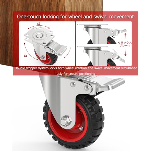 5" Swivel Caster Wheels Set of 4, Heavy Duty Casters with Brakes | 350Lbs each,Rubber Tire Wheels,non-marking,Dual Locking,Plate Castors for Furniture Carts,Workbench,Trolley, Dolly, Cabinet