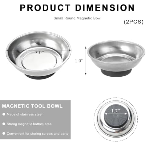 2 PCS Magnetic Parts Tray Set, Stainless Steel 3" Round Magnetic Bowl Trays for Mechanic's, Magnet Tool Parts Tray for Screws, Bolts, Nuts, Washers, Pins, Metal Parts - color: 3" Round