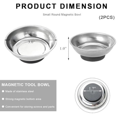 2 PCS Magnetic Parts Tray Set, Stainless Steel 3" Round Magnetic Bowl Trays for Mechanic's, Magnet Tool Parts Tray for Screws, Bolts, Nuts, Washers, Pins, Metal Parts - color: 3" Round