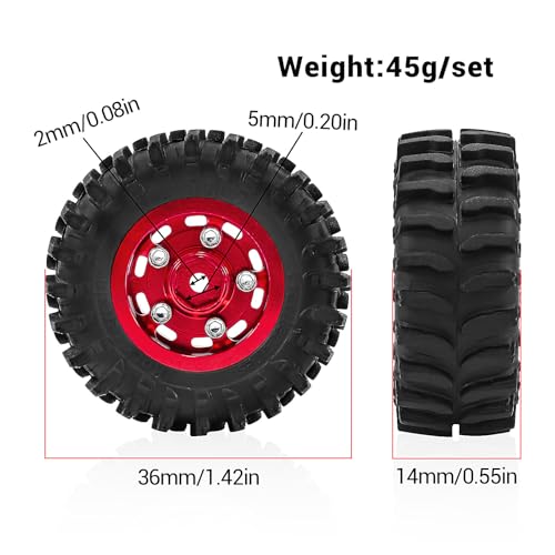 0.7 Inch RC Crawler Tires and Wheels Set 36×14mm for 1/30 Scale Axial SCX30 (Red) - color: Red