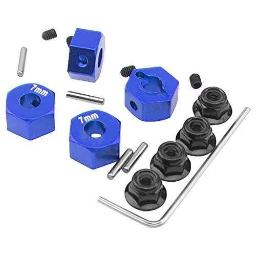 Metal 12mm Hex Wheel Hubs 7mm Thick Drive Adapters with Flanged Lock Nuts Compatible with Traxxas 1/10 4WD Rustler Slash Stampede RC Car，Replace Part 1654 (Blue) - color: Blue