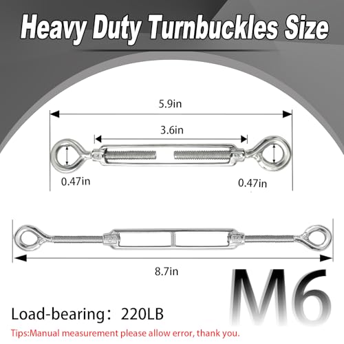 6 PCS M6 Eye and Eye Turnbuckles for Cables Wire Rope Tension | Made of 304 Stainless Steel, Corrosion Resistant , Easy to Use,220lbs Rated,Industrial Shade Sail Rigging - size: 6PCS-M6-OO