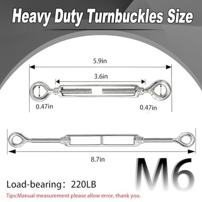 6 PCS M6 Eye and Eye Turnbuckles for Cables Wire Rope Tension | Made of 304 Stainless Steel, Corrosion Resistant , Easy to Use,220lbs Rated,Industrial Shade Sail Rigging - size: 6PCS-M6-OO