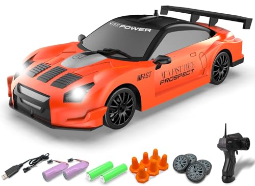 RACENT 1:24 Scale RC Drift Car, 10MPH 4WD Remote Control Car with LED Light, Racing and Drifting Wheels, 2 Rechargeable Batteries, Perfect Toy for Boys, Girls, Kids (Orange) - color: Orange, size: 1:24 Scale