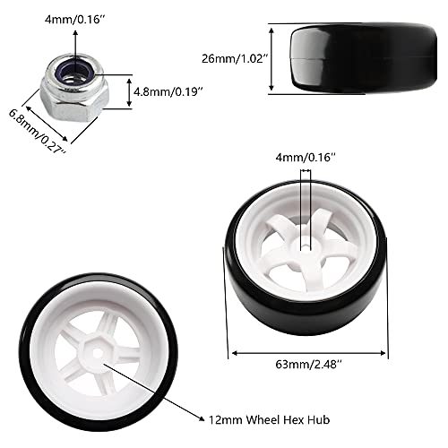 4PCS 12mm Hub Wheels,1:10 63mm Hard Plastic RC Drift Cars On Road Touring Racing Bald Tires for Traxxas HSP Tamiya HPI Kyosho On-Road Drifting Car Trucks(White) - color: White