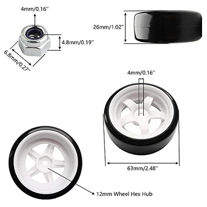 4PCS 12mm Hub Wheels,1:10 63mm Hard Plastic RC Drift Cars On Road Touring Racing Bald Tires for Traxxas HSP Tamiya HPI Kyosho On-Road Drifting Car Trucks(White) - color: White