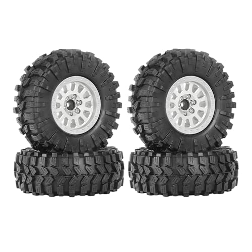 4PCS 1.3" Aluminum Alloy Beadlock Wheel Rims All-Terrain Tyre 70mm Rubber Tires Set with 5mm & 7mm Hex for 1/12 1/14 1/18 1/24 RC Rock Crawler Car Upgrade Parts (C-Silver) - color: C-silver