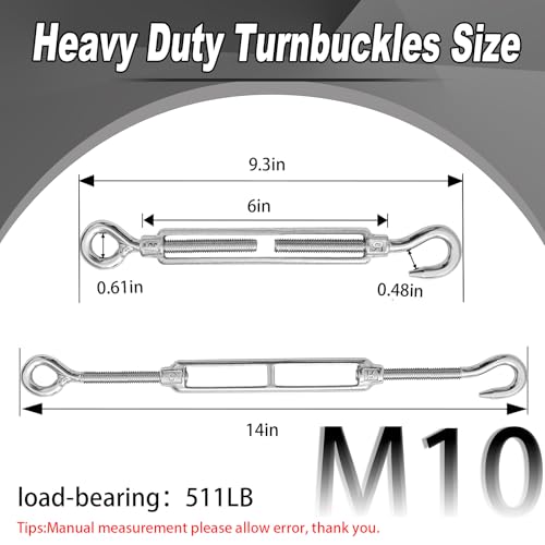 6 PCS M10Hook and Eye Turnbuckles for Cables Wire Rope Tension | Made of 304 Stainless Steel, Corrosion Resistant & Easy to Use,511lbs Rated,Industrial Shade Sail Rigging - size: 6PCS-M10-OC