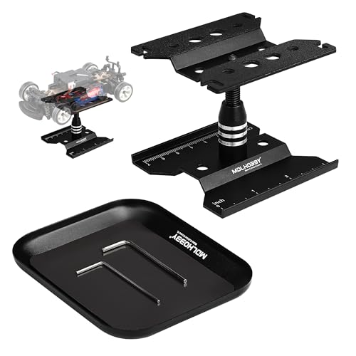 Mini RC Car Work Stand, Tiny Aluminum Stand for 1/18 1/24 Scale Accessories, Black RC Car Tool Kit Repair Holder with 360°Rotation Lift & Screw Tray