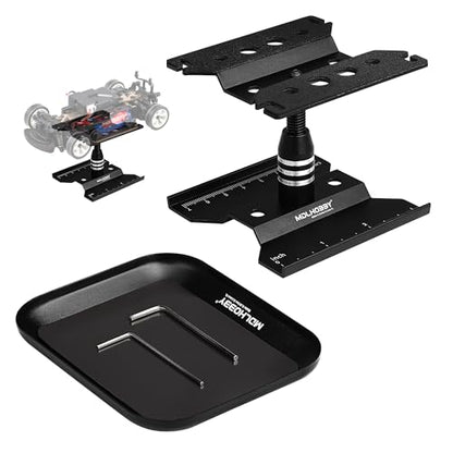 Mini RC Car Work Stand, Tiny RC Aluminum Stand for 1/18 1/24 Scale | RC Car Accessories, Black RC Car Tool Kit Repair Holder with 360°Rotation Lift & Screw Tray
