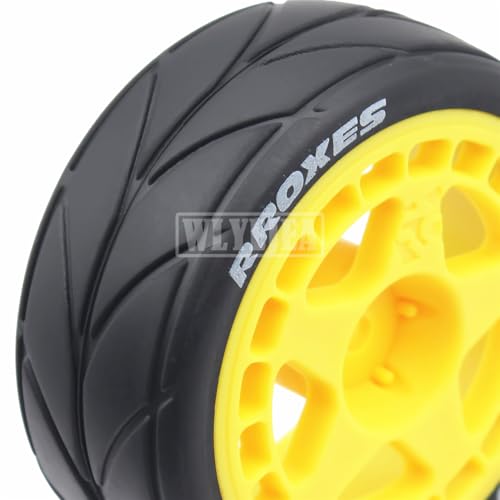 4PCS RC 1/10 On-Road Tires 65mm RC Rubber Tires w/Plastic Wheel Rim 12mm Hex Fit for 1/10 RC On-Road Rally Car HPI Tamiya TT01 TT02 Kyosho Wltoys 144001 - color: Yellow 1