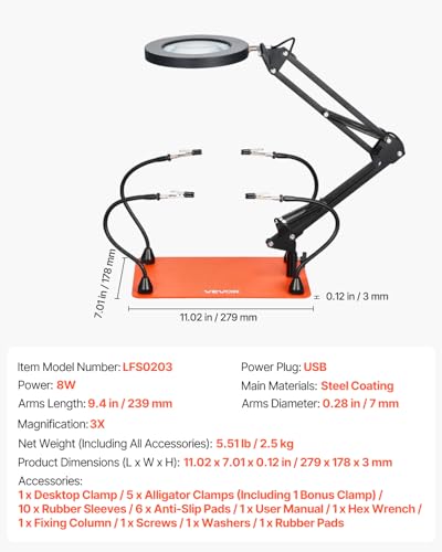 VEVOR Magnetic Helping Hands Soldering Station, 4 Flexible Arms Third Hand Tool with 3X LED Magnifying Lamp & Non-Slip Heavy-Duty Base, Soldering Helping Hands for Electronic Repair Craft Hobby DIY - style: 11*7in Large Base with Magnifying Light