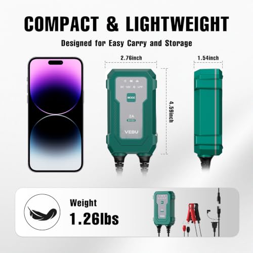 Smart 2A 6V/12V Battery Charger Maintainer - Auto Desulfator & Winter Mode for Deeply Discharged Lead-Acid & LiFePO4 Batteries - Perfect for Motorcycle, Car, Boat, RV, ATV - size: 2A