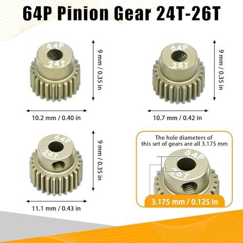 64P Pinion Gear 3.175mm Shaft 7075 Aluminum Alloy Motor Gears,0.6 Metric Pitch 24 25 26T with 1/8 Hole Pinion Gear Compatible with 1/10 Arrma HPI Kyosho Losi Axial Traxxas Tamiya RC Car - size: 24 25 26T