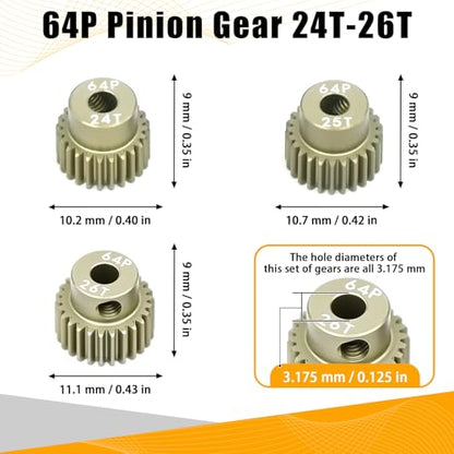 64P Pinion Gear 3.175mm Shaft 7075 Aluminum Alloy Motor Gears,0.6 Metric Pitch 24 25 26T with 1/8 Hole Pinion Gear Compatible with 1/10 Arrma HPI Kyosho Losi Axial Traxxas Tamiya RC Car - size: 24 25 26T
