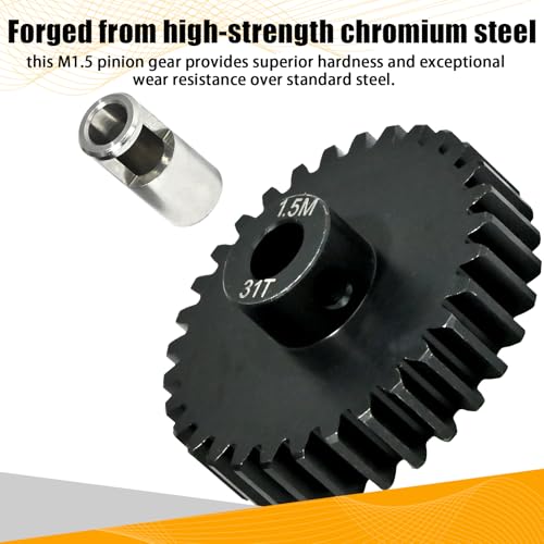 M1.5 31T Pinion Gear 8mm Bore with 8mm to 5mm Shaft Adapter Sleeve, Chromium Steel Motor Gear with Set Screw & Hex Key for Traxxas ARRMA Losi 1/5 1/8 RC Cars - size: 31T