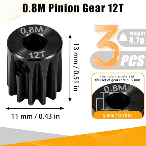 3-Pack Steel Metal 0.8M 5mm Pinion Motor Gear Sets 12T Compatible with HPI Kyosho Losi Axial Tamiya 1/8 1/10 RC Car Monster Truck Buggy, 0.8 Module Gear for Traxxsa Arrma - style: 3Pcs 12T