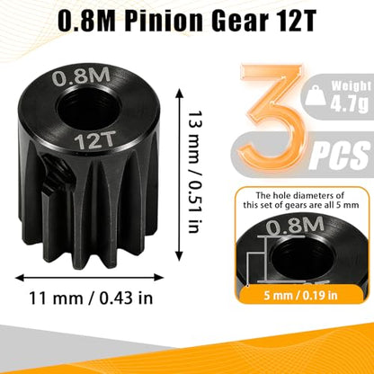 3-Pack Steel Metal 0.8M 5mm Pinion Motor Gear Sets 12T Compatible with HPI Kyosho Losi Axial Tamiya 1/8 1/10 RC Car Monster Truck Buggy, 0.8 Module Gear for Traxxsa Arrma - style: 3Pcs 12T