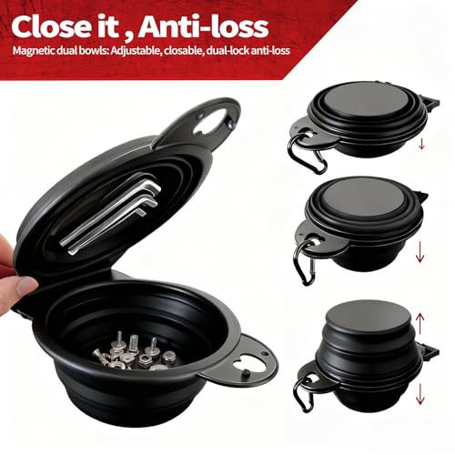 Magnetic Trays, Magnetic Bowl for Screws, Magnetic Tool Tray (black2.0) | Collapsible Magnetic Tool Tray, Integrated 5.1" Round Dual Silicone Bowls, Upgraded Version, Bonus Hook for On-the-Go Carry - style: black2.0