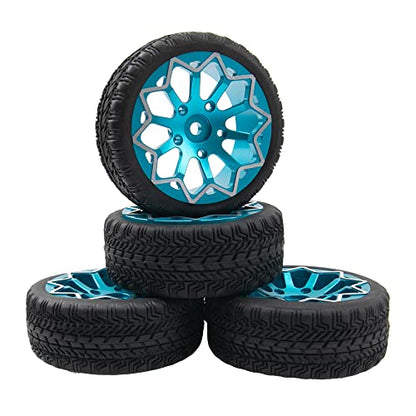 ShareGoo Metal Wheel Rims with Rubber Tire RC 12mm Hex Compatible with HSP Tamiya Kyosho RedCat Sakura WLtoys 1/10 RC On-Road Racing Touring Car (Blue) - color: Blue