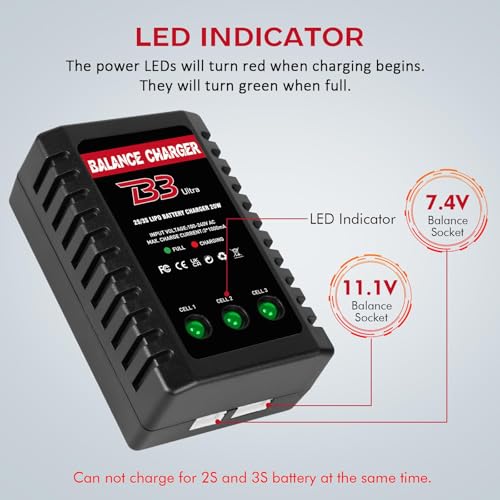 2S-3S LiPo Battery Charger, RC Balance Charger AC 7.4-11.1V Upgrade Version Compact RC Car Charger for XHR Plug Battery
