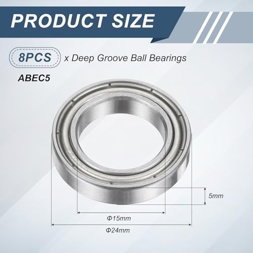 uxcell 8Pcs 6802ZZ 15mmx24mmx5mm Deep Groove Ball Bearings, Double Metal Shielded Bearing Steel ABEC5 High Performance for Industrial Machinery Precision Transmission, Silver - size: 6802ZZ 15mmx24mmx5mm
