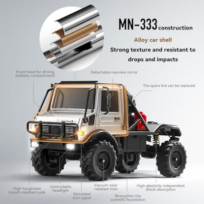 1/18 Semi-Truck RC Crawler MN-333, 4WD Alloy 4x4 RC Car, Portal Axles, 2-Speed Transmission, Full LED Lights for Hobbyists(Green) - color: Green