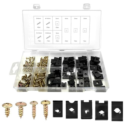 170PCS Car U Clips with Screw Assortment Kit, Carbon Steel U-Shaped Clamp Hardware Set, 9 Different Sizes Automotive U Nut and Screws, Universal U Clips for Car Dash Door Panel Interior