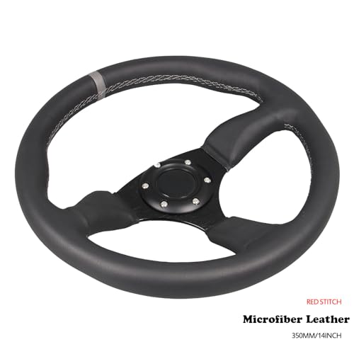 350mm Gray Stripe Racing Steering Wheel Black Genuine Leather Grip 6 Bolts Sport Steering Wheel with Horn Button Gray Stitching - color: Gray Stripe