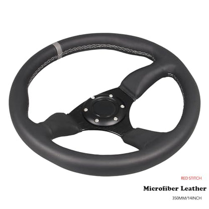 350mm Gray Stripe Racing Steering Wheel Black Genuine Leather Grip 6 Bolts Sport Steering Wheel with Horn Button Gray Stitching - color: Gray Stripe