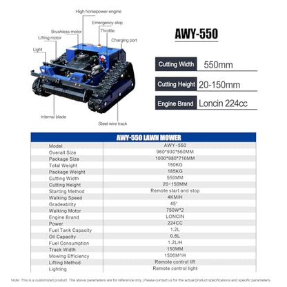 AIWEIYA-Remote Control Lawn Mower,Oil-Electric Hybrid Crawler Track Mower,3-15CM Cutting Height Professional Landscape and Estate Mower for 100% Slope(45°) Large Turf Grass Cutting - size: Standard version