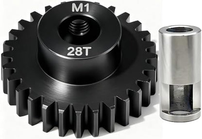 28T M1 8mm Steel Pinion Gear with 8mm to 5mm Adapter Shaft for Traxxas 1/5 X-MAXX 1/10 RC Car Buggy Truck, Available in 14T to 30T Mod 1 Motor Gear for Enhanced Performance and Durability - size: 28T