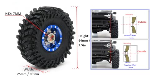 RC Soft Sticky 1.0 Mud tires 64mm & Metal 1.0 beadlock wheels +1mm / -3mm Offset Rims Blue Champagne For RC Micro Crawler 1/18 TRX4M FMS24 FCX24 1/24 SCX24 - color: Blue & Champagne