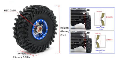 RC Soft Sticky 1.0 Mud tires 64mm & Metal 1.0 beadlock wheels +1mm / -3mm Offset Rims Blue Champagne For RC Micro Crawler 1/18 TRX4M FMS24 FCX24 1/24 SCX24 - color: Blue & Champagne