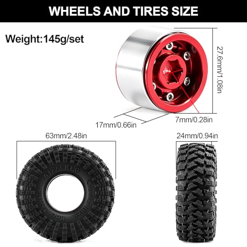 1.0" Beadlock Aluminum Wheels and 64mm Soft Rubber Tires | for SCX24, TRX4M, Ascent 18, FCX24, 1/18 1/24 RC Crawler, 7mm Hex, 0mm Offset, with Foam Inserts, (Red 356) - color: Red 356