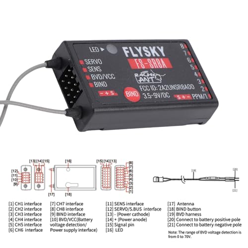 Hylukono Flysky FS-SR8A 8CH Receiver with Dual Antenna, 2.4GHz ANT Remote Control Receiver Protocol for FS-ST8 RC Transmitter Remote Control Airplanes, Helicopters, Cars, Boats, and Robotics