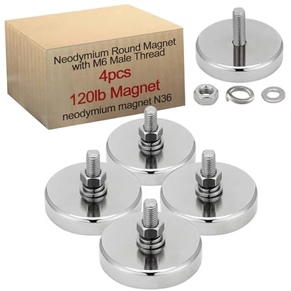 Flutesan 4 Pieces Heavy Duty Round Mounting Magnet with Bolt 1.42in-120lb-M6 Silver with Male Thread Stud Strong Magnet Super Powerful for Lighting Camera Brackets License Plate - color: Silver, size: 1.42in-90lb-M6