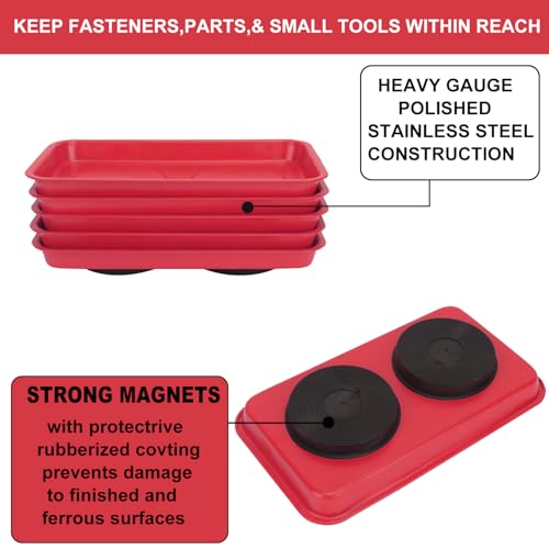 5 PCS Magnetic Trays, 9.4X5.5x1.4Inch, Magnet Tool Tray, Magnetic Parts Tray, Red, by GENHAKON - size: 5 PCS Rectangle Red