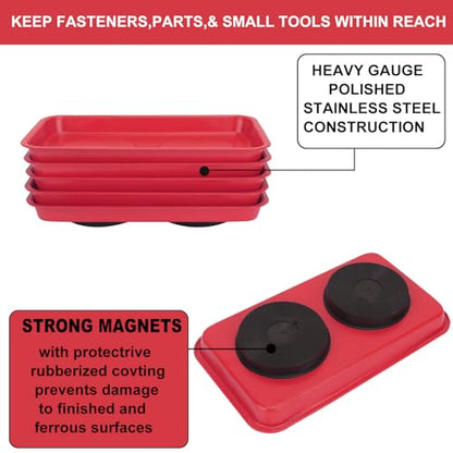 5 PCS Magnetic Trays, 9.4X5.5x1.4Inch, Magnet Tool Tray, Magnetic Parts Tray, Red, by GENHAKON - size: 5 PCS Rectangle Red