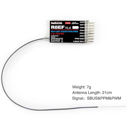 Radiolink R8EF 8 Channels 2.4GHz RC Receiver Long Range Control for T8FB | SBUS/PPM/PWM RX for RC Airplane Robots Car Bind with RC Transmitter T8FB/T8S/T12D/T16D/RC8X/RC8P/RC4GS V3/RC6GS V3