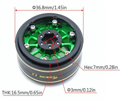 1.3 Beadlock Wheels & Brass Rim 46.5g Offset-3mm for 1/18 1/24 RC TF (Green Black) - color: Green Black