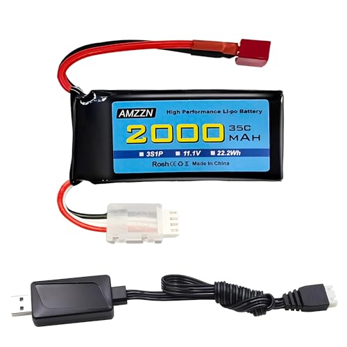 3S Lipo Battery 11.1V 2000mAh 35C with T-Plug and USB Charging Cable for RC Cars,Trucks,RC Ships,RC Drones,Quadcopters,FPV UAV Batteries (1PCS Battery+1 USB)