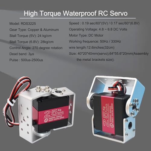2Pcs 25KG Digital RC Servo RDS3225 Waterproof High Torque Full Metal Gear Dual Shafts Robot Servos with U Mounting Bracket for 1/8 1/10 RC Car Crawler Buggy DIY Robotic Projects 270 Degree