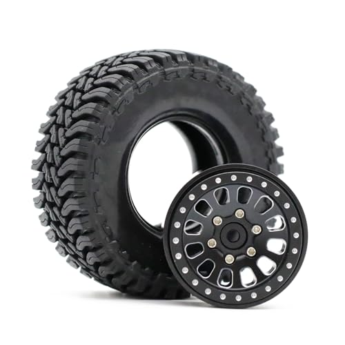 1.3” Brass Beadlock Wheels & All-Terrain Tires Set for 1/18 1/24 RC Crawler TRX4M, Axial SCX24 / AX24, Redcat Ascent-18, FMS FCX24, -5.40mm Offset, 7mm Hex, 4 pcs, Matte Black - color: Matte-black