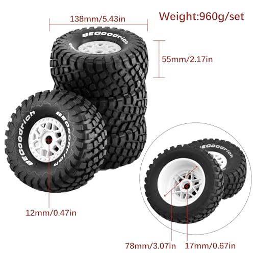 1/8 RC Short Course Truck Tires And Wheels 17mm Hex OD 140mm 1/7 All Terrain Off Road Tyres For 1:7 1:8 RC Buggy Truck Car HSP TRAXXAS UDR DF7 FS Atom ARRMA Mojave YK4072 DF7 4PCS (White) - color: White