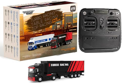 FLYCOLOR Turbo Racing 1:76 C50 RTR Tractor Remote Control Truck Four-Wheel Drive Simulated Headlights 10CH Minicar Model(Black-Red) - color: Black-truck