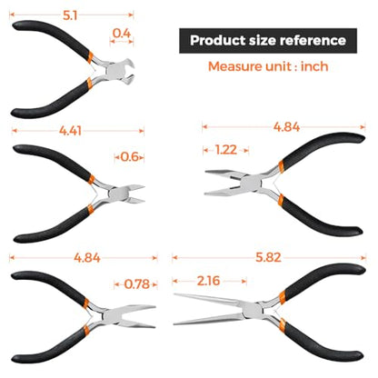 LIFEGOO 5 Pieces Mini Pliers Set – Durable Precision Tool Kit for Crafts, Jewelry & DIY, Includes Long Needle Nose, Bent Nose, Diagonal, End Cutting, Nipper (Black) - color: Black