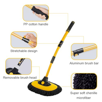 Car Wash Brush Kit, 40" Auto Wash Mop with 15° Curved Extendable Long Handle, Soft Scratch-Free Car Cleaning Mop Mitt to Clean Your Car Shine Like New, Car Accessories (Black+Yellow) - color: Black+yellow
