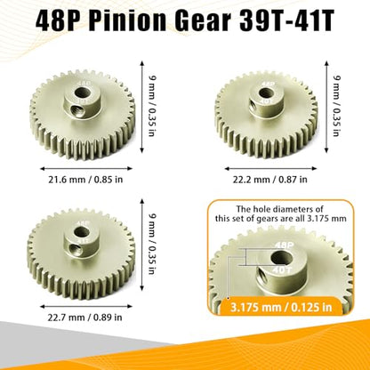 3PCS 48P Pinion Gear Set 7075 Aluminum Alloy 3.175mm Shaft 39T 40T 41T with Screws & Hex for 1/10 RC Arrma Traxxas HPI Sakura Losi Axial SCX10 Tamiya Monster Truck Buggy Motor Gears Upgrade - size: 39 40 41T
